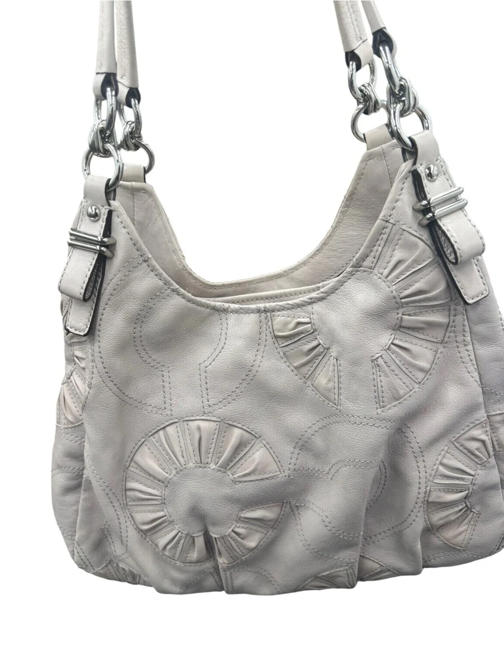 Coach Kristin Leather Pleated Floral Appliqué Hobo Shoulder Bag Ivory Taupe 2010